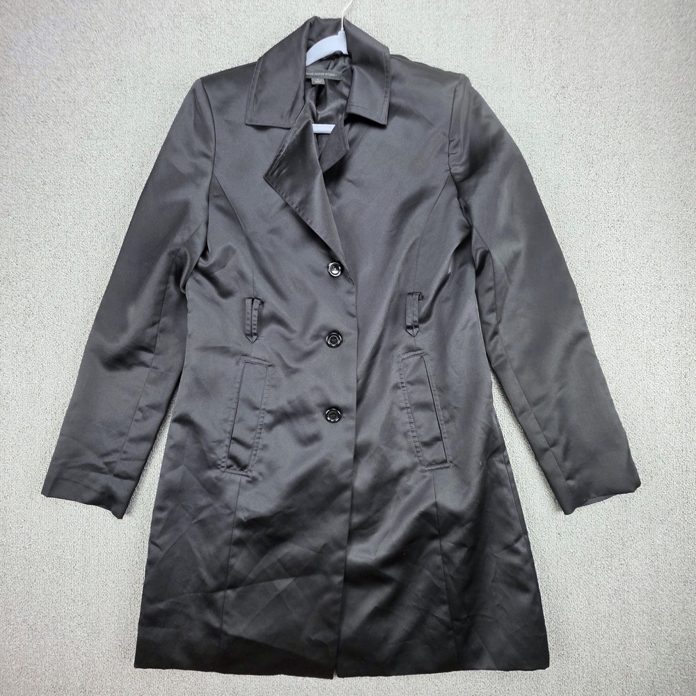 Express Design Studio Satin Trench Coat Women Black Mid Length Button Up Small